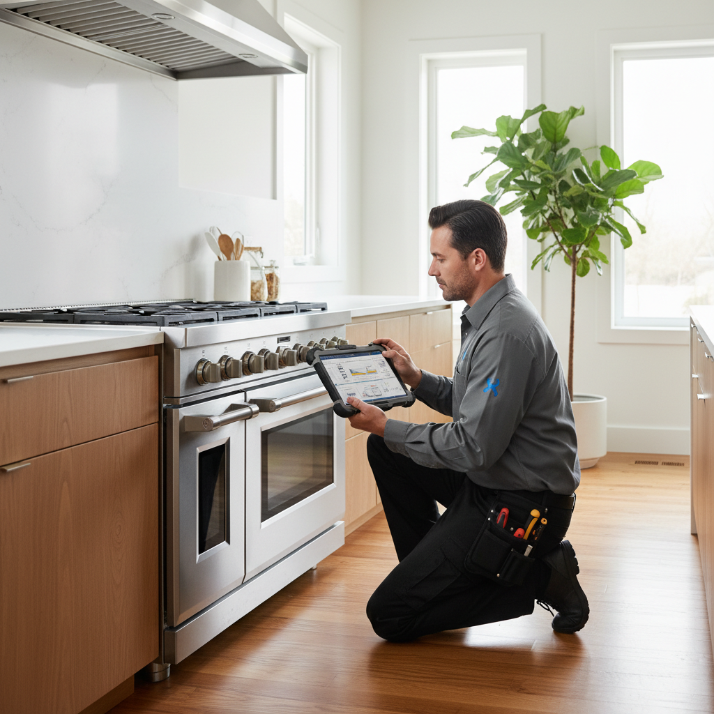 Technician diagnosing a premium oven and range